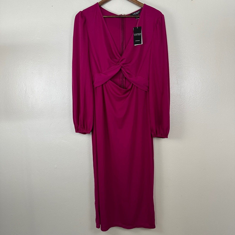 Lauren Ralph Lauren Women's 10 Midi Dress Fuchsia Berry Twist Front Cutout NEW